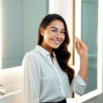 A woman with clear, radiant skin, reflecting a healthy glow, smiling softly as she looks into a mirror in a brightly lit, modern bathroom. She is wearing a modest, light-colored blouse, fully clothed, appropriate attire, natural pose. The background is clean and minimalist, emphasizing natural light. perfect anatomy, correct proportions, well-formed hands, proper finger count, natural body proportions, professional photography, high quality, safe for work, appropriate content, family-friendly.