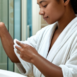 **

A serene scene depicting a woman with atopic dermatitis gently applying ceramide-rich moisturizer to her arm after a shower. The bathroom is softly lit, with steam rising in the background. She is fully clothed in a comfortable, modest robe. Focus on the texture of the skin and the creamy consistency of the moisturizer. safe for work, appropriate content, fully clothed, professional, perfect anatomy, natural proportions, high quality.

**