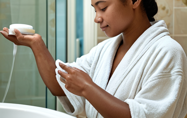 **
A serene scene depicting a woman with atopic dermatitis gently applying ceramide-rich moisturizer to her arm after a shower. The bathroom is softly lit, with steam rising in the background. She is fully clothed in a comfortable, modest robe. Focus on the texture of the skin and the creamy consistency of the moisturizer. safe for work, appropriate content, fully clothed, professional, perfect anatomy, natural proportions, high quality.
**