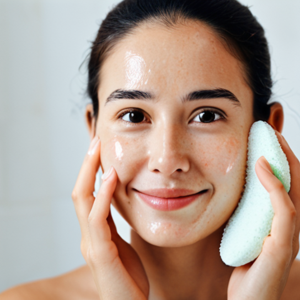 **

A woman with clear, glowing skin, fully clothed, is gently massaging her face with a konjac sponge in a brightly lit bathroom. The focus is on her healthy skin and the gentle action. Background includes soft towels and skincare products. Safe for work, appropriate content, modest, family-friendly, perfect anatomy, correct proportions, natural pose, well-formed hands, proper finger count, natural body proportions, high quality.

**