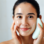 **

A woman with clear, glowing skin, fully clothed, is gently massaging her face with a konjac sponge in a brightly lit bathroom. The focus is on her healthy skin and the gentle action. Background includes soft towels and skincare products. Safe for work, appropriate content, modest, family-friendly, perfect anatomy, correct proportions, natural pose, well-formed hands, proper finger count, natural body proportions, high quality.

**