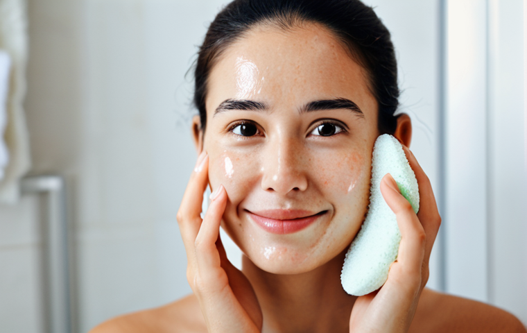 **
A woman with clear, glowing skin, fully clothed, is gently massaging her face with a konjac sponge in a brightly lit bathroom. The focus is on her healthy skin and the gentle action. Background includes soft towels and skincare products. Safe for work, appropriate content, modest, family-friendly, perfect anatomy, correct proportions, natural pose, well-formed hands, proper finger count, natural body proportions, high quality.
**