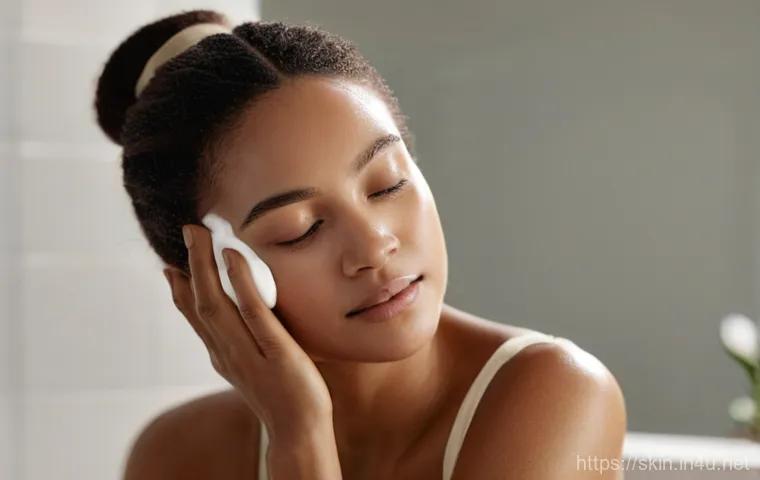 크림 타입과 젤 타입 클렌저 비교 - Cream Cleanser for Dry Skin:**
A close-up shot of a woman in her late 20s with a calm expression, ge...