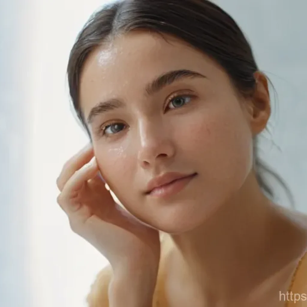 히알루론산 고함량 세럼 추천 - **Prompt:** A young woman in her late 20s to early 30s, with a serene and satisfied expression, gent...