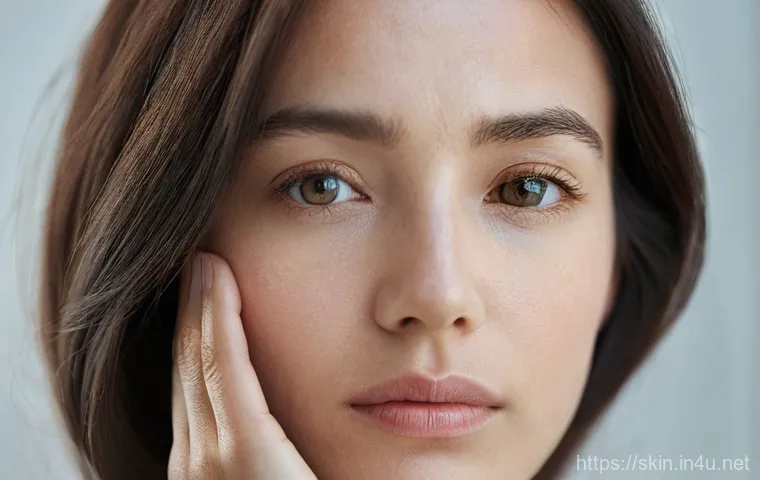 피부 장벽 강화 앰플 추천 - **Image Prompt 1:** A close-up portrait of a woman (20s-30s) with a slightly concerned expression, g...