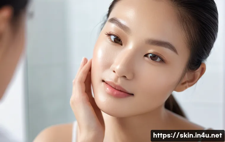 주름 개선 크림과 세럼 비교 - A radiant East Asian woman in her late 20s, with clear, healthy, supple skin, gently massaging a ric...